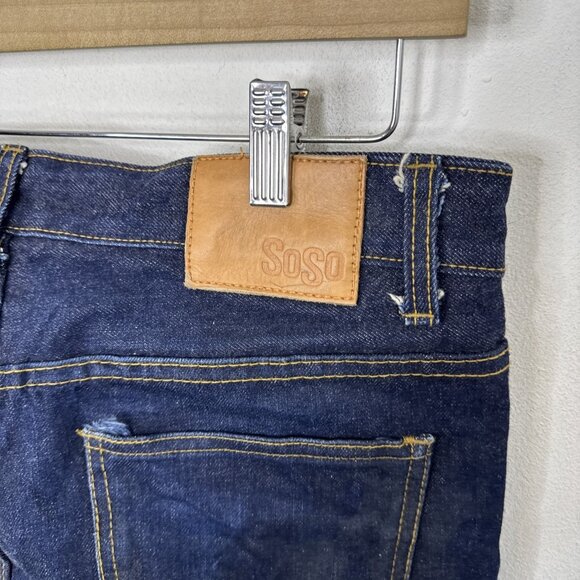 SoSo Selvage Mens 34X32 Dark Blue Denim Jeans Button Fly Skinny Leg Japan - Picture 4 of 13